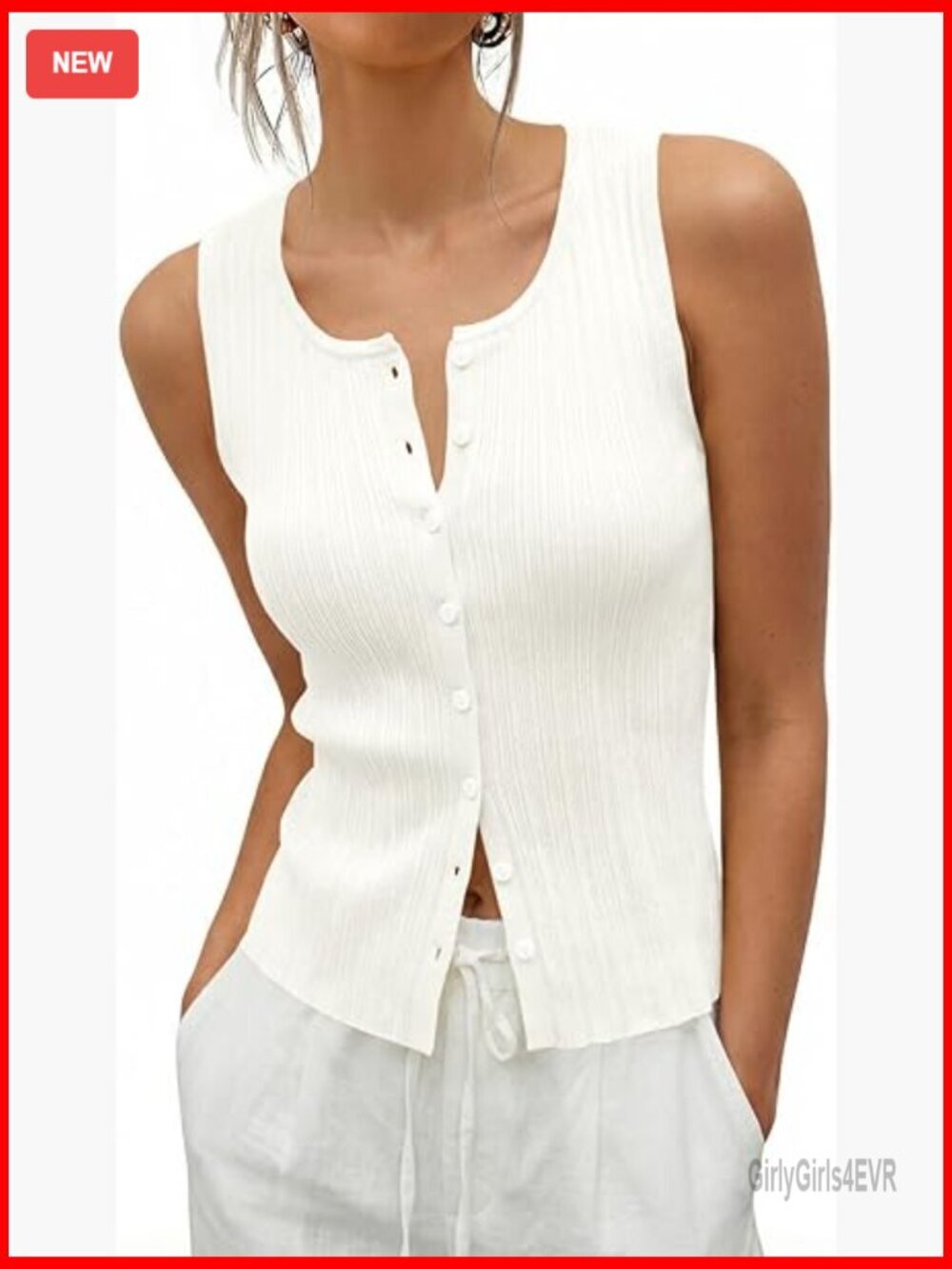 Ribbed Knit Sweater Vest Button Front Scoop Neck Sleeveless Tank Top
